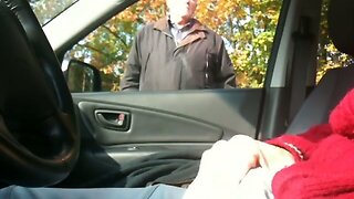 Nasty old man spies for the guy jerking in a car