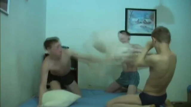 Three Amateur Boys Pillow Fight and Dildo Fun