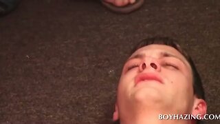 Fresher giving blowjob to coed in gay orgy