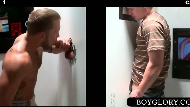 Gay stud blowing a straight penis on gloryhole