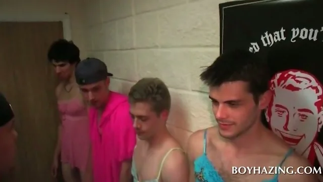 College guys joining fraternity in gay initiation ritual