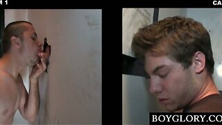 Blond straight guy and his first gay fellatio on gloryhole