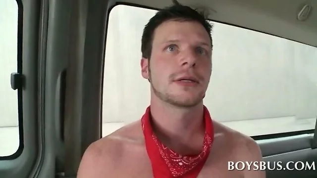 Naked dude gets gay blown blindfolded in the sex bus