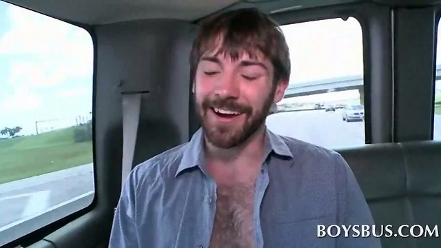 Amateur guy riding the sex bus gets his fist gay blowjob