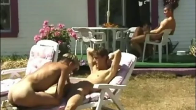 Steamy outside foursome gay fuck fest in the Lads Camp