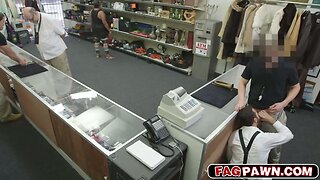 Dude sucks dick behind a counter while other customers shop