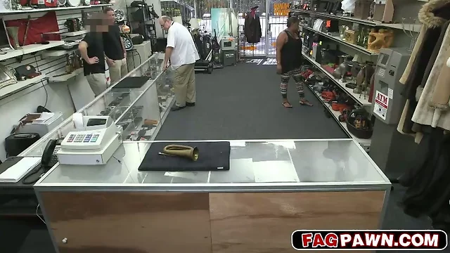 Sexy gay blows a cock in public pawn shop