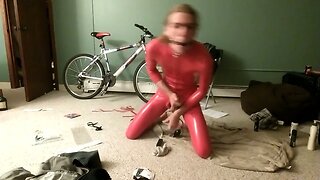 Latex Catsuit with Plug and Gag and Fapping