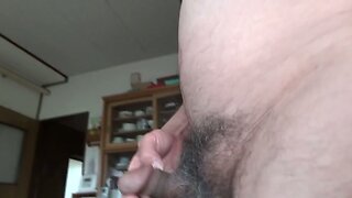 Japanese Old Man`s Erect Penis in His Room: Masturbation & Ejaculation