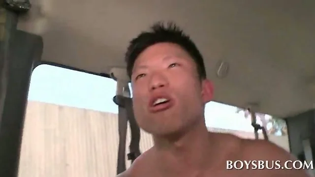 Blindfolded Amateur Dude Taking Part in Asian Sex Bus Gay Blowjob