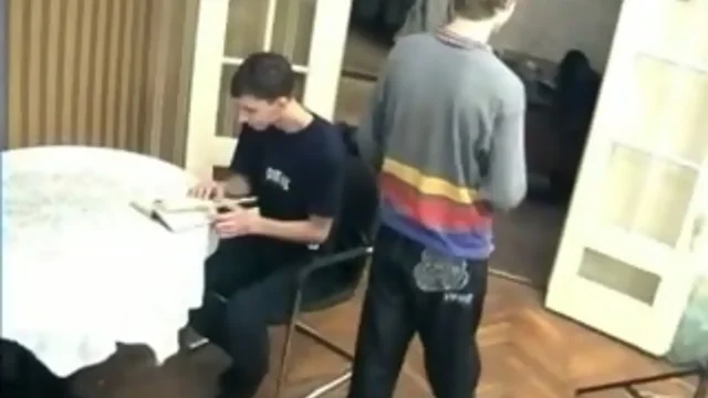 Queer blond boy knocks off his sexy lanky roommate