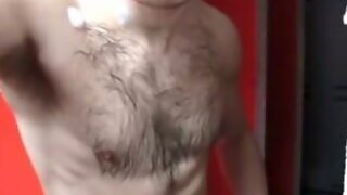 Haired Italian getting excited at public shower