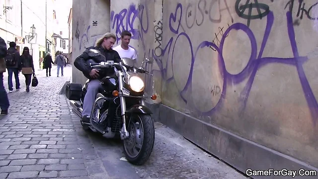 Gay slut boy seduces hunky biker