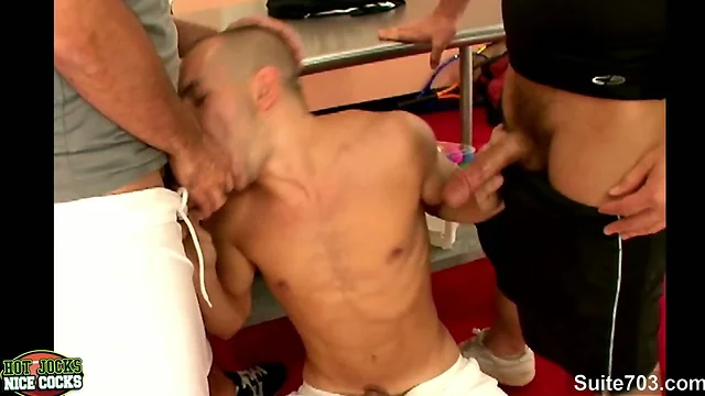 Hot jock gets fucked and jizzed in threesome