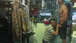 Gay man suck straight guy prick in a warehouse