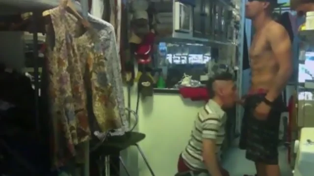 Gay man suck straight guy prick in a warehouse