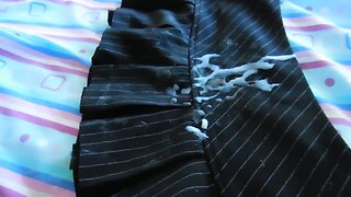Humping black pinstripe mini skirt to a mega cumshot climax