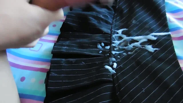Humping black pinstripe mini skirt to a mega cumshot climax