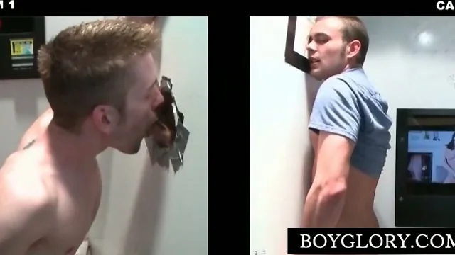 Blonde gay fills his mouth with gloryhole cock