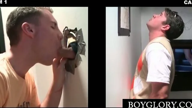 Gay on knees mouth fucking shaft on gloryhole