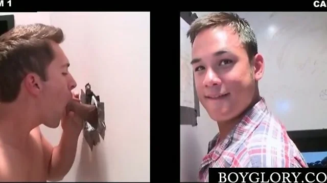Hot gay eating straight teen cock on gloryhole