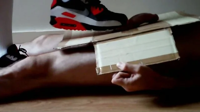 Cock and ball crushing under Nike Air Max 90 Infrared trainers