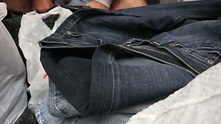 Jacking off two nuts onto my girl's bag of old jeans