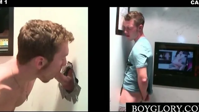Sweet gay tugging and eating gloryhole cock