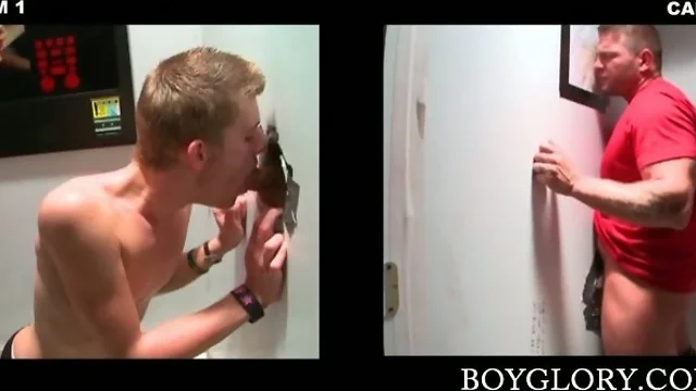 Gay teen on knees eats straight cock on gloryhole