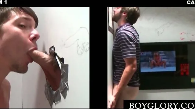 Sex starved guy using the gloryhole takes gay BJ