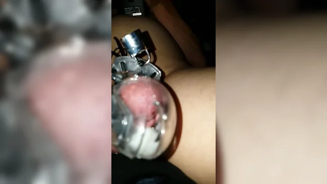 Cum in chastity with electro stimulation (slowmotion)
