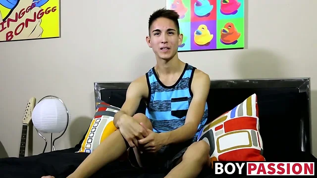 Interviewing sexy and cute twink Steven Peters while he faps