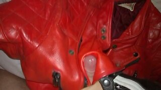 red leather jacket wank and cum