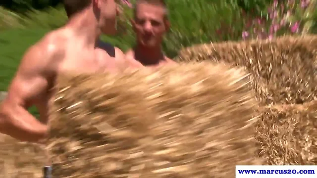 Muscled straight farmboys assfuck on hay bale