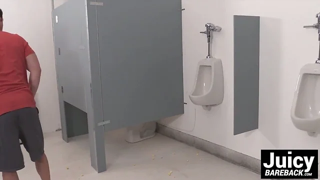 Hardcore action happening for Tobias in the public toilet