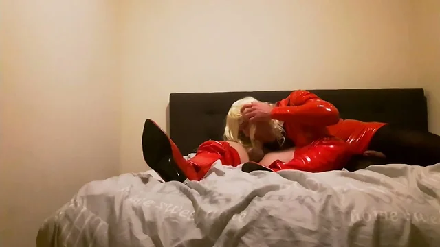 Red Latex & Boots Sissy Sucking