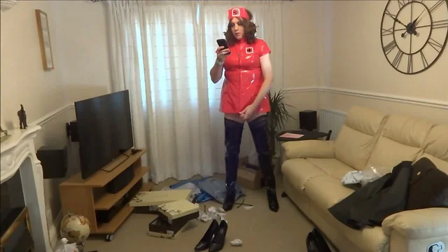 Red PVC Nurse Outfit and Shiny Black Crotch Boots