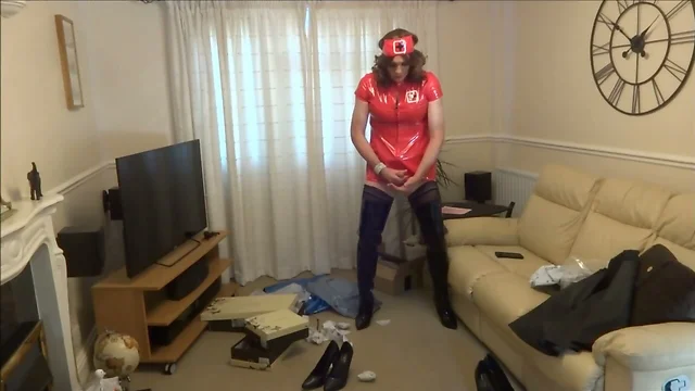 Red PVC Nurse Outfit and Shiny Black Crotch Boots