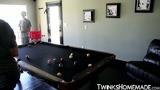 Hot twinks threesome fuck each other bareback on the table