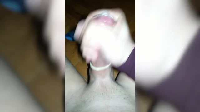 Condom fun, cum in condom playing with 6 inch cock