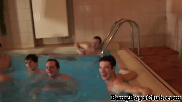 European partying studs jerking dick in group