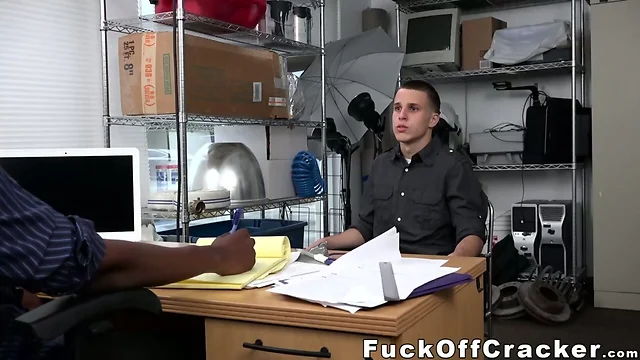 Hot white stud gets rammed by big black dick in the office