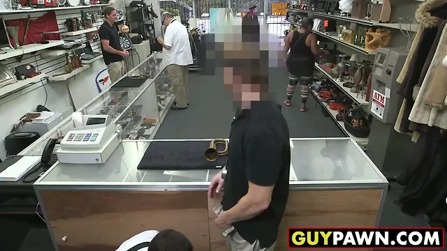 Dude takes dick behind the counter and in the bathroom