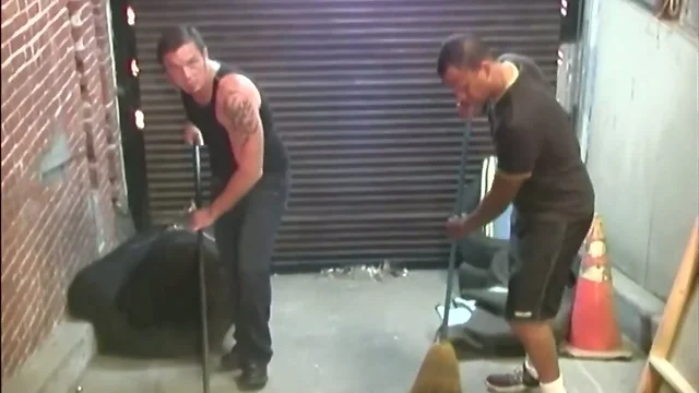 Two black janitors fucking a white guy in the ass