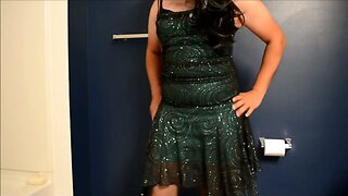 small cock in shiny green club dress