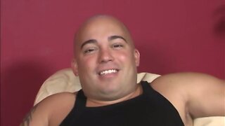 Chubby bald guy does decent deepthroat on a black cock