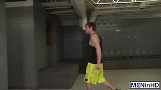 Three dudes go at it in the locker room feeding their cocks