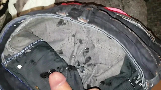 Cumming on clean jeans ready to be worn