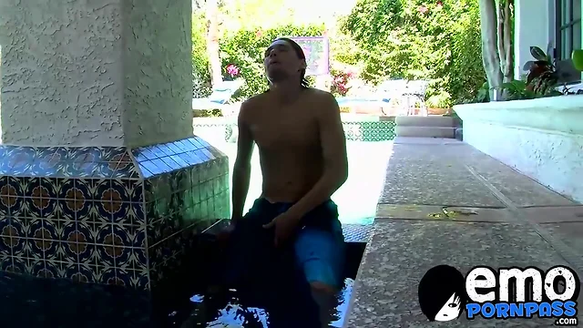 Hot dude Jacob Marteny solo plays with his cock by the pool