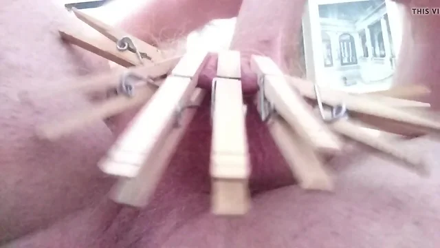 Clothespins on my cock and balls
